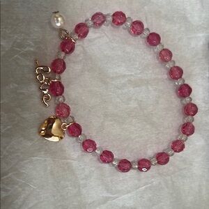 Avon Pink and Gold Love Bracelet with Faceted Beads, Heart and Pearl